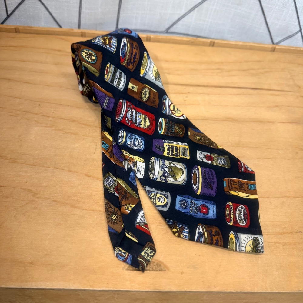 Nicole Miller Necktie OS Navy Blue Coffee Tin Novelty Print Silk Hand Sewn Tie